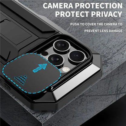 R-JUST For iPhone 16 Pro Kickstand Case Silicone+Metal+PC+Tempered Glass Screen Film Phone Cover