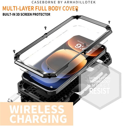 R-JUST For iPhone 16 Pro Kickstand Case Silicone+Metal+PC+Tempered Glass Screen Film Phone Cover