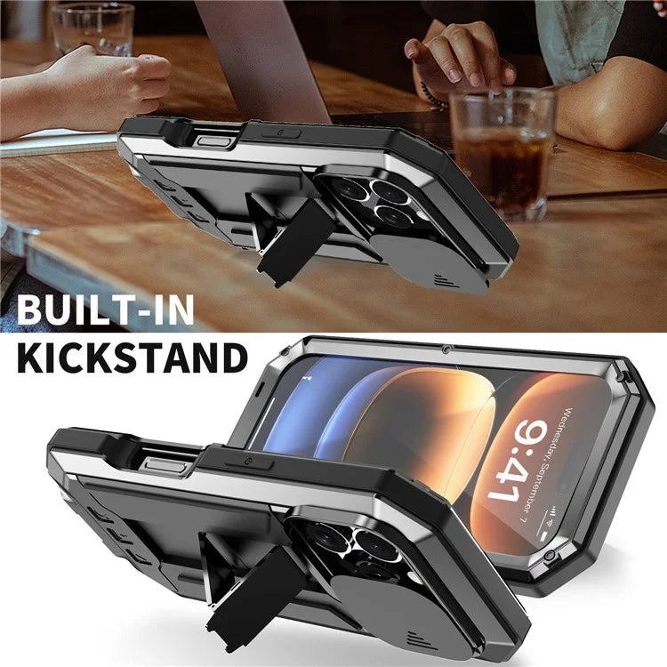 R-JUST For iPhone 16 Pro Kickstand Case Silicone+Metal+PC+Tempered Glass Screen Film Phone Cover