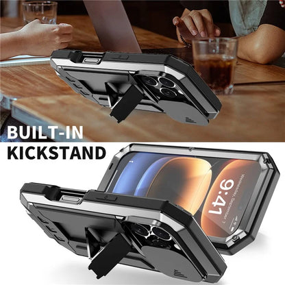 R-JUST For iPhone 16 Pro Kickstand Case Silicone+Metal+PC+Tempered Glass Screen Film Phone Cover