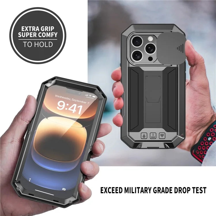 R-JUST For iPhone 16 Pro Kickstand Case Silicone+Metal+PC+Tempered Glass Screen Film Phone Cover