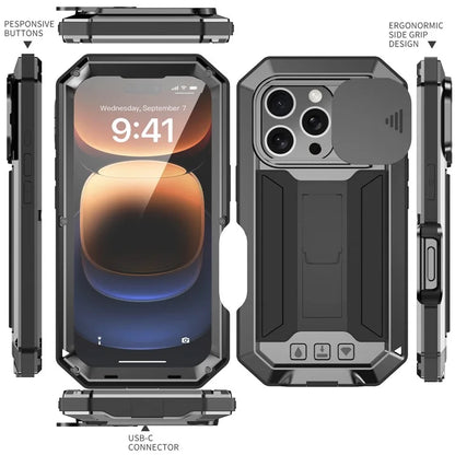 R-JUST For iPhone 16 Pro Kickstand Case Silicone+Metal+PC+Tempered Glass Screen Film Phone Cover