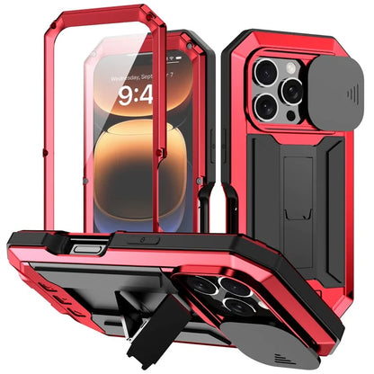 R-JUST For iPhone 16 Pro Kickstand Case Silicone+Metal+PC+Tempered Glass Screen Film Phone Cover