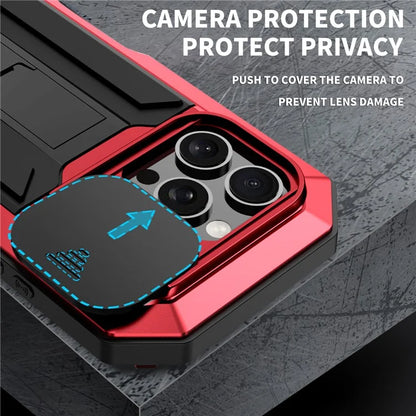 R-JUST For iPhone 16 Pro Kickstand Case Silicone+Metal+PC+Tempered Glass Screen Film Phone Cover