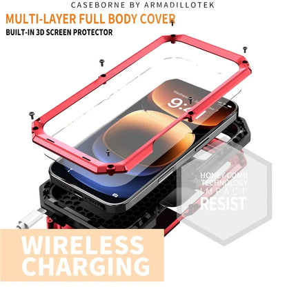 R-JUST For iPhone 16 Pro Kickstand Case Silicone+Metal+PC+Tempered Glass Screen Film Phone Cover