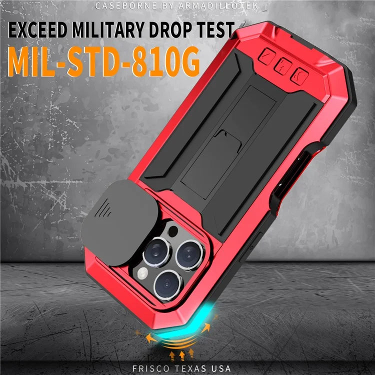 R-JUST For iPhone 16 Pro Kickstand Case Silicone+Metal+PC+Tempered Glass Screen Film Phone Cover