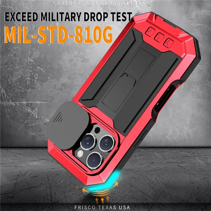 R-JUST For iPhone 16 Pro Kickstand Case Silicone+Metal+PC+Tempered Glass Screen Film Phone Cover