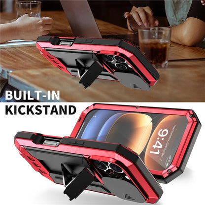 R-JUST For iPhone 16 Pro Kickstand Case Silicone+Metal+PC+Tempered Glass Screen Film Phone Cover