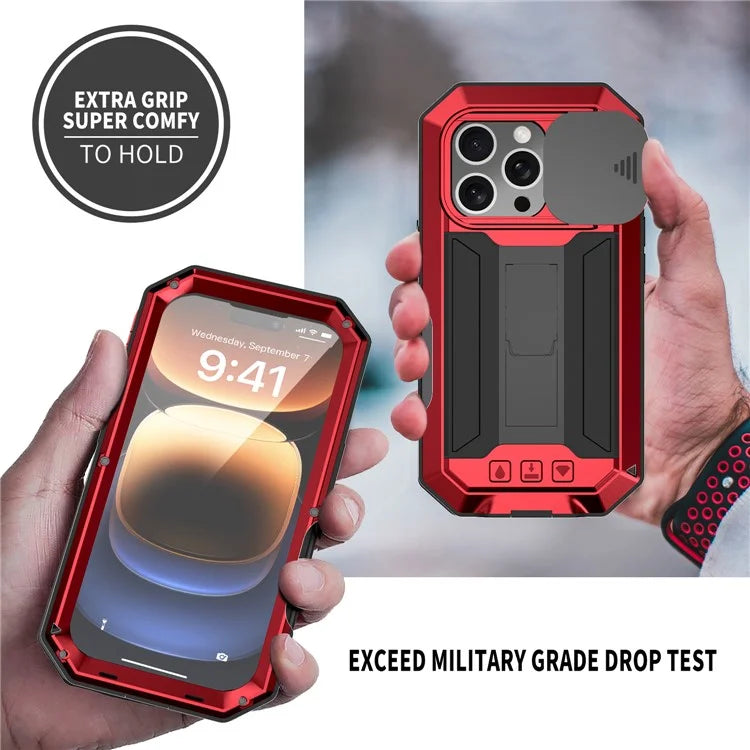 R-JUST For iPhone 16 Pro Kickstand Case Silicone+Metal+PC+Tempered Glass Screen Film Phone Cover