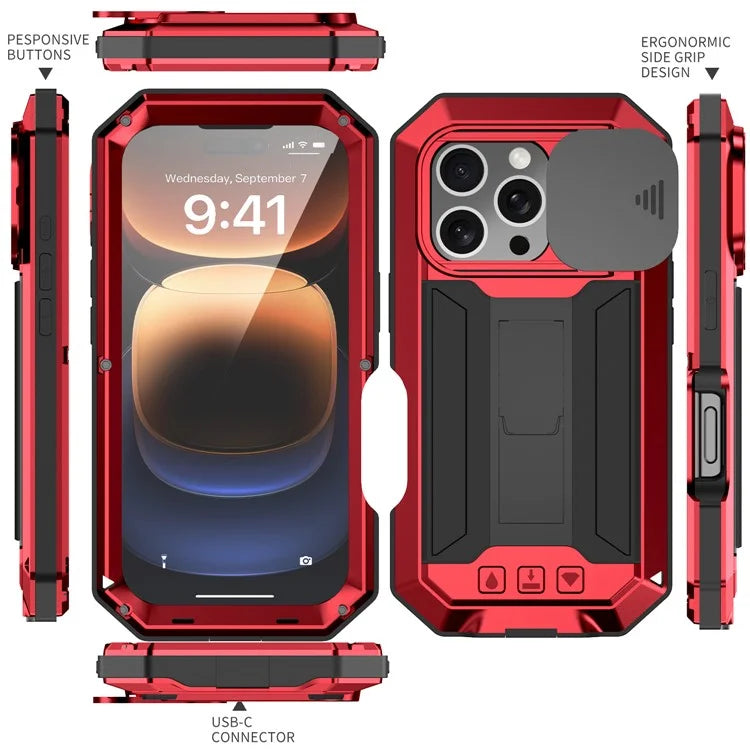 R-JUST For iPhone 16 Pro Kickstand Case Silicone+Metal+PC+Tempered Glass Screen Film Phone Cover