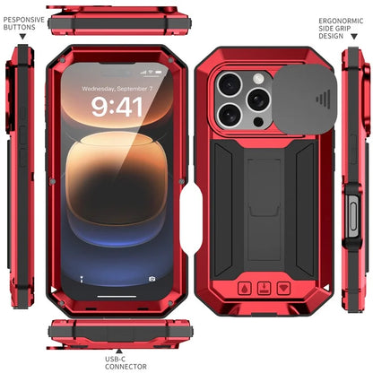 R-JUST For iPhone 16 Pro Kickstand Case Silicone+Metal+PC+Tempered Glass Screen Film Phone Cover