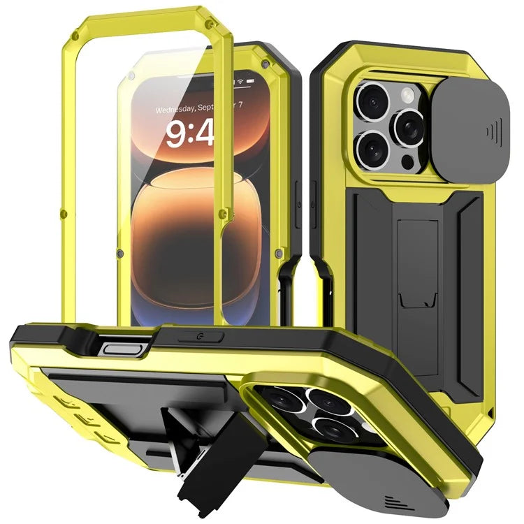 R-JUST For iPhone 16 Pro Kickstand Case Silicone+Metal+PC+Tempered Glass Screen Film Phone Cover