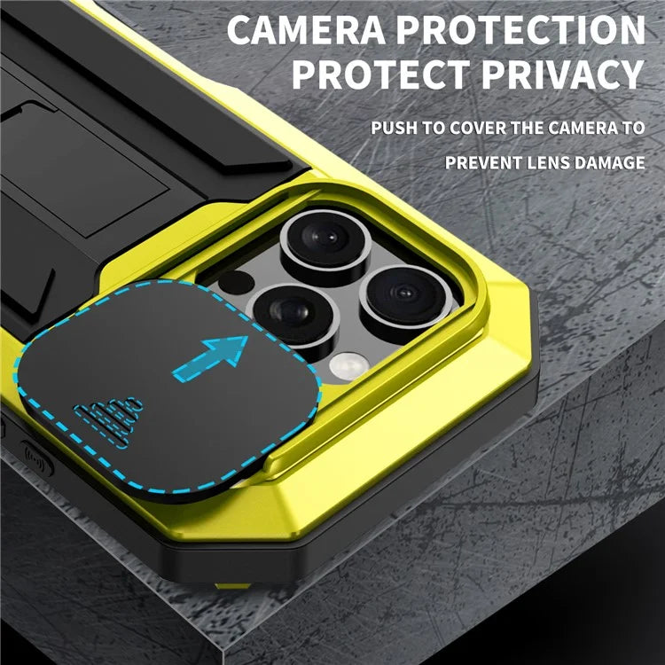 R-JUST For iPhone 16 Pro Kickstand Case Silicone+Metal+PC+Tempered Glass Screen Film Phone Cover