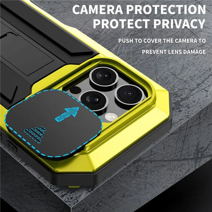 R-JUST For iPhone 16 Pro Kickstand Case Silicone+Metal+PC+Tempered Glass Screen Film Phone Cover