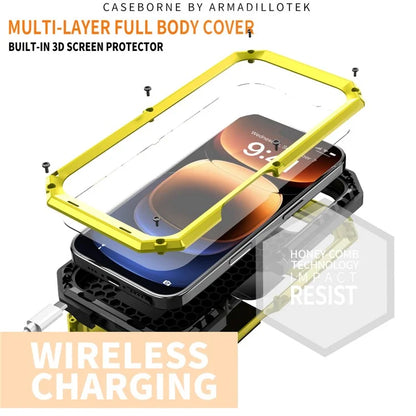 R-JUST For iPhone 16 Pro Kickstand Case Silicone+Metal+PC+Tempered Glass Screen Film Phone Cover