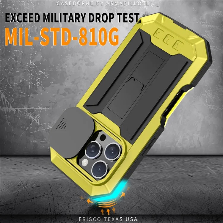 R-JUST For iPhone 16 Pro Kickstand Case Silicone+Metal+PC+Tempered Glass Screen Film Phone Cover
