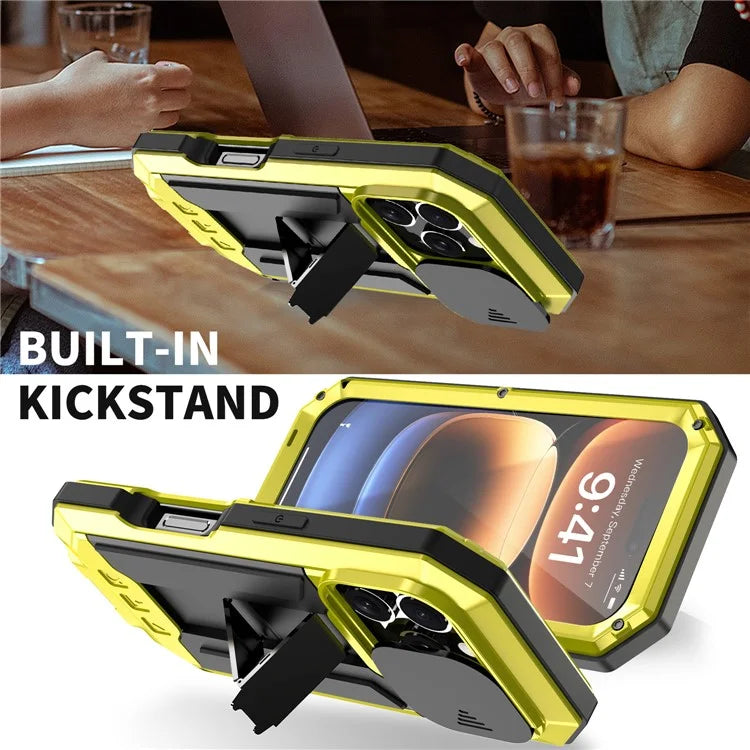 R-JUST For iPhone 16 Pro Kickstand Case Silicone+Metal+PC+Tempered Glass Screen Film Phone Cover