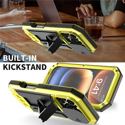 R-JUST For iPhone 16 Pro Kickstand Case Silicone+Metal+PC+Tempered Glass Screen Film Phone Cover