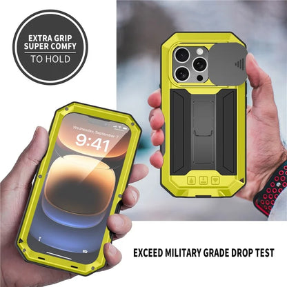 R-JUST For iPhone 16 Pro Kickstand Case Silicone+Metal+PC+Tempered Glass Screen Film Phone Cover