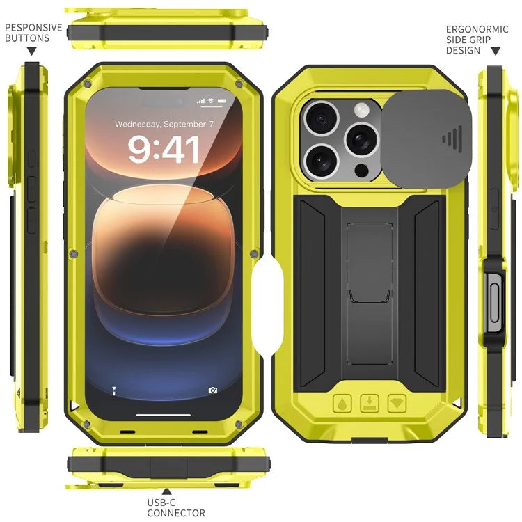 R-JUST For iPhone 16 Pro Kickstand Case Silicone+Metal+PC+Tempered Glass Screen Film Phone Cover