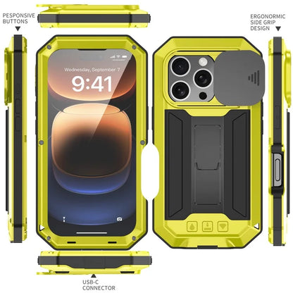 R-JUST For iPhone 16 Pro Kickstand Case Silicone+Metal+PC+Tempered Glass Screen Film Phone Cover