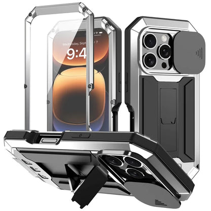 R-JUST For iPhone 16 Pro Kickstand Case Silicone+Metal+PC+Tempered Glass Screen Film Phone Cover