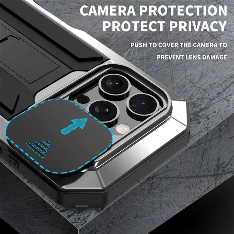 R-JUST For iPhone 16 Pro Kickstand Case Silicone+Metal+PC+Tempered Glass Screen Film Phone Cover
