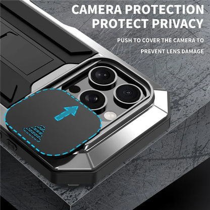R-JUST For iPhone 16 Pro Kickstand Case Silicone+Metal+PC+Tempered Glass Screen Film Phone Cover