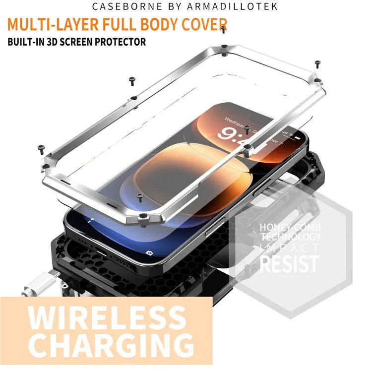 R-JUST For iPhone 16 Pro Kickstand Case Silicone+Metal+PC+Tempered Glass Screen Film Phone Cover
