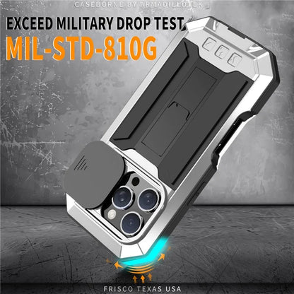R-JUST For iPhone 16 Pro Kickstand Case Silicone+Metal+PC+Tempered Glass Screen Film Phone Cover