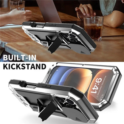 R-JUST For iPhone 16 Pro Kickstand Case Silicone+Metal+PC+Tempered Glass Screen Film Phone Cover