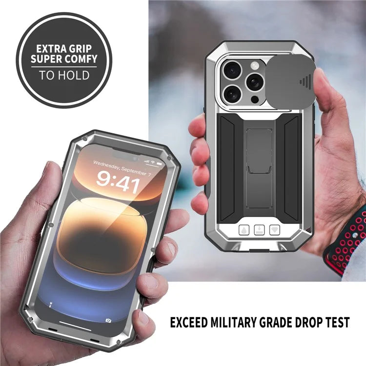 R-JUST For iPhone 16 Pro Kickstand Case Silicone+Metal+PC+Tempered Glass Screen Film Phone Cover