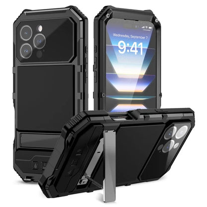 R-JUST For iPhone 16 Pro Max Case PC+Silicone+Metal Kickstand Phone Cover with Tempered Glass Film