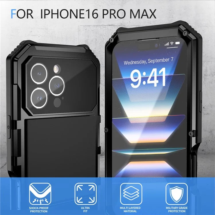 R-JUST For iPhone 16 Pro Max Case PC+Silicone+Metal Kickstand Phone Cover with Tempered Glass Film