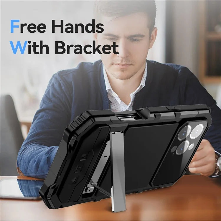R-JUST For iPhone 16 Pro Max Case PC+Silicone+Metal Kickstand Phone Cover with Tempered Glass Film
