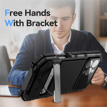 R-JUST For iPhone 16 Pro Max Case PC+Silicone+Metal Kickstand Phone Cover with Tempered Glass Film