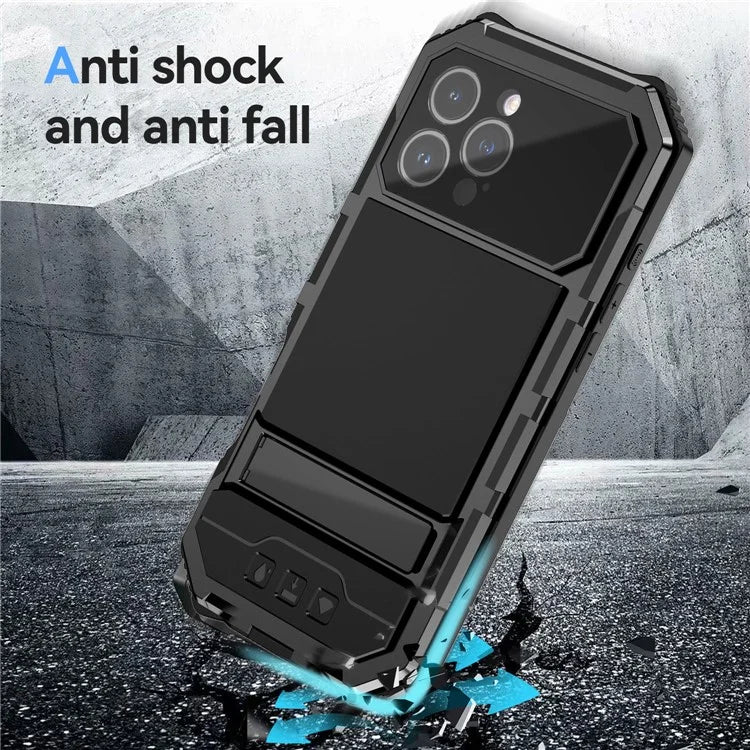 R-JUST For iPhone 16 Pro Max Case PC+Silicone+Metal Kickstand Phone Cover with Tempered Glass Film