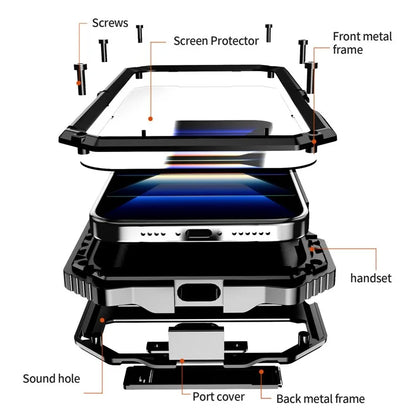 R-JUST For iPhone 16 Pro Max Case PC+Silicone+Metal Kickstand Phone Cover with Tempered Glass Film