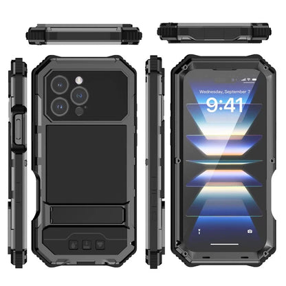 R-JUST For iPhone 16 Pro Max Case PC+Silicone+Metal Kickstand Phone Cover with Tempered Glass Film