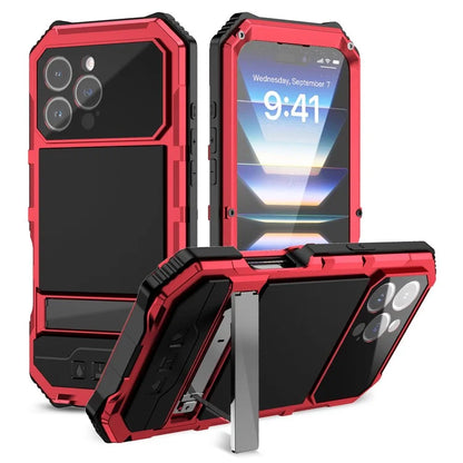 R-JUST For iPhone 16 Pro Max Case PC+Silicone+Metal Kickstand Phone Cover with Tempered Glass Film