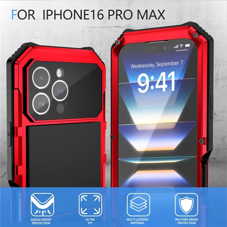 R-JUST For iPhone 16 Pro Max Case PC+Silicone+Metal Kickstand Phone Cover with Tempered Glass Film
