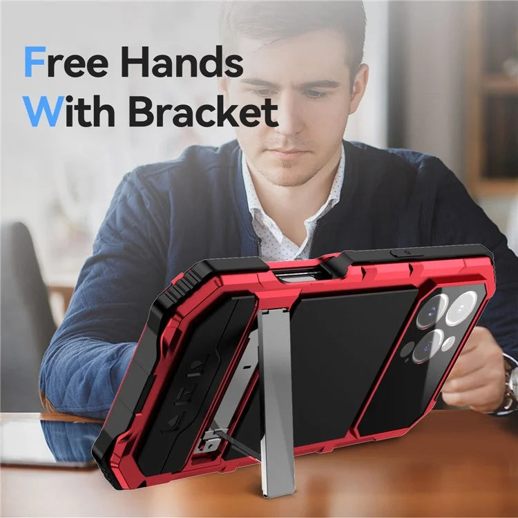 R-JUST For iPhone 16 Pro Max Case PC+Silicone+Metal Kickstand Phone Cover with Tempered Glass Film