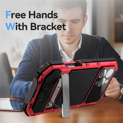 R-JUST For iPhone 16 Pro Max Case PC+Silicone+Metal Kickstand Phone Cover with Tempered Glass Film