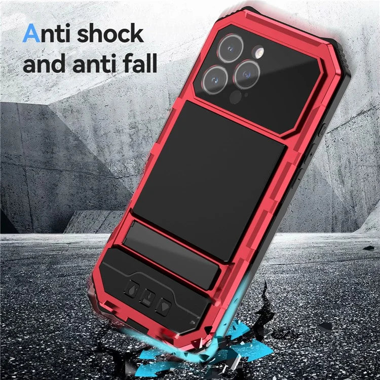 R-JUST For iPhone 16 Pro Max Case PC+Silicone+Metal Kickstand Phone Cover with Tempered Glass Film
