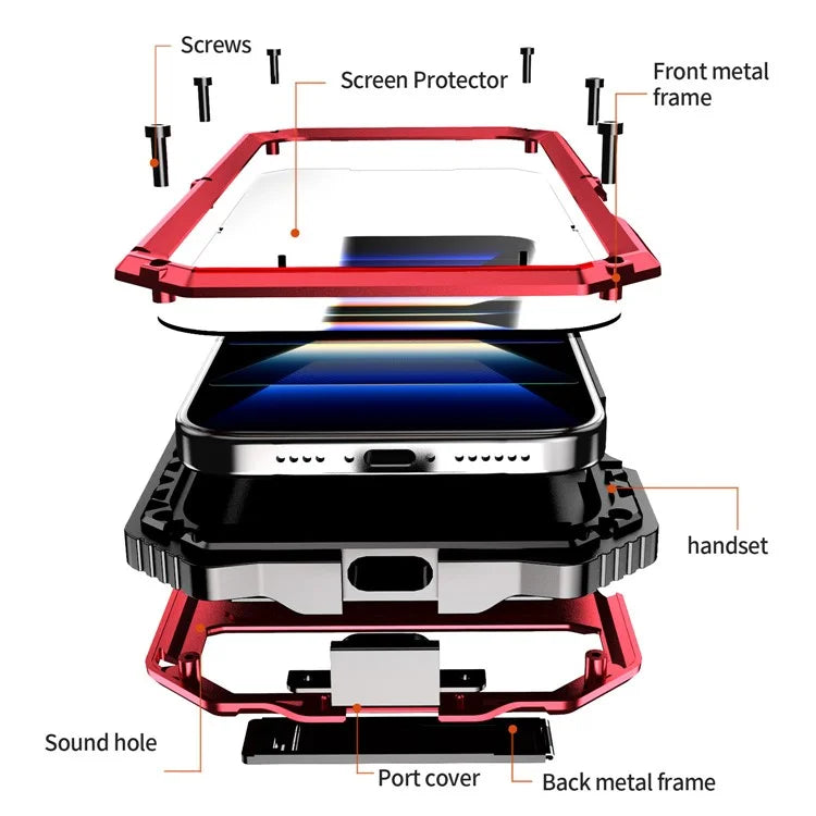 R-JUST For iPhone 16 Pro Max Case PC+Silicone+Metal Kickstand Phone Cover with Tempered Glass Film