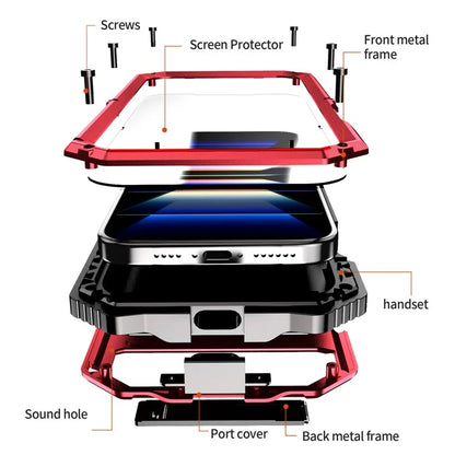 R-JUST For iPhone 16 Pro Max Case PC+Silicone+Metal Kickstand Phone Cover with Tempered Glass Film