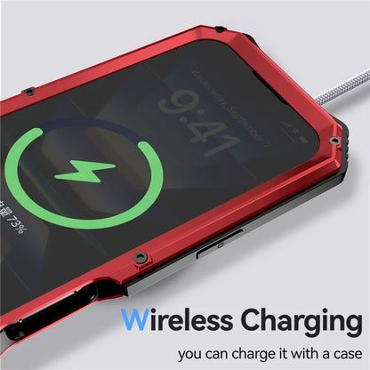 R-JUST For iPhone 16 Pro Max Case PC+Silicone+Metal Kickstand Phone Cover with Tempered Glass Film