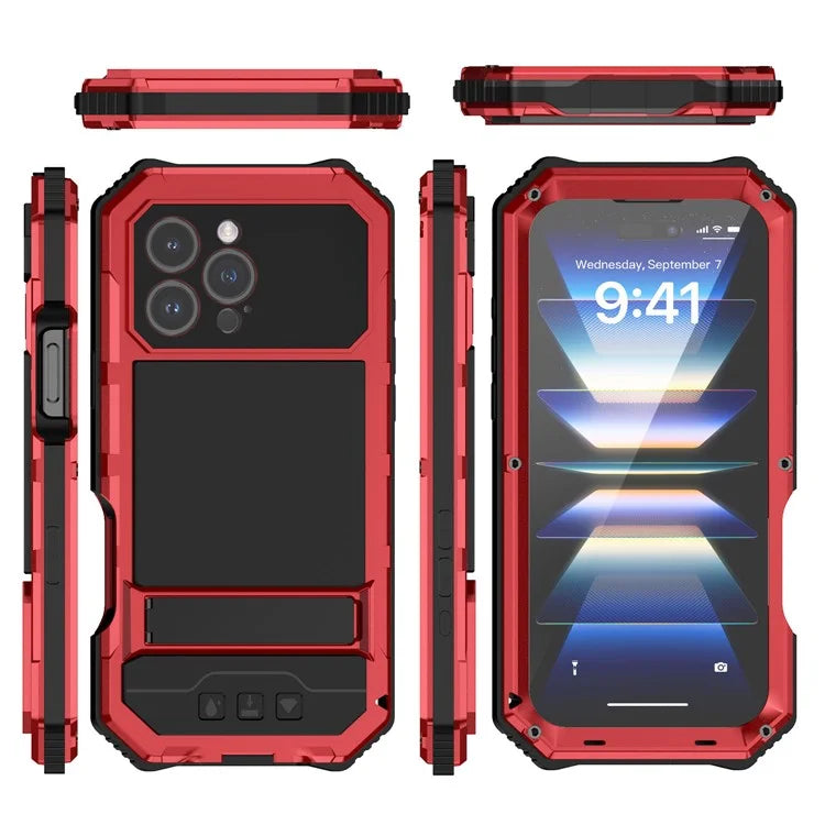 R-JUST For iPhone 16 Pro Max Case PC+Silicone+Metal Kickstand Phone Cover with Tempered Glass Film