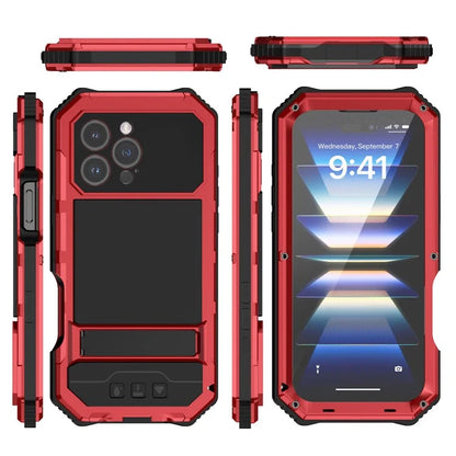 R-JUST For iPhone 16 Pro Max Case PC+Silicone+Metal Kickstand Phone Cover with Tempered Glass Film