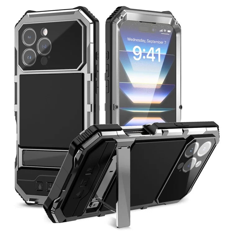 R-JUST For iPhone 16 Pro Max Case PC+Silicone+Metal Kickstand Phone Cover with Tempered Glass Film